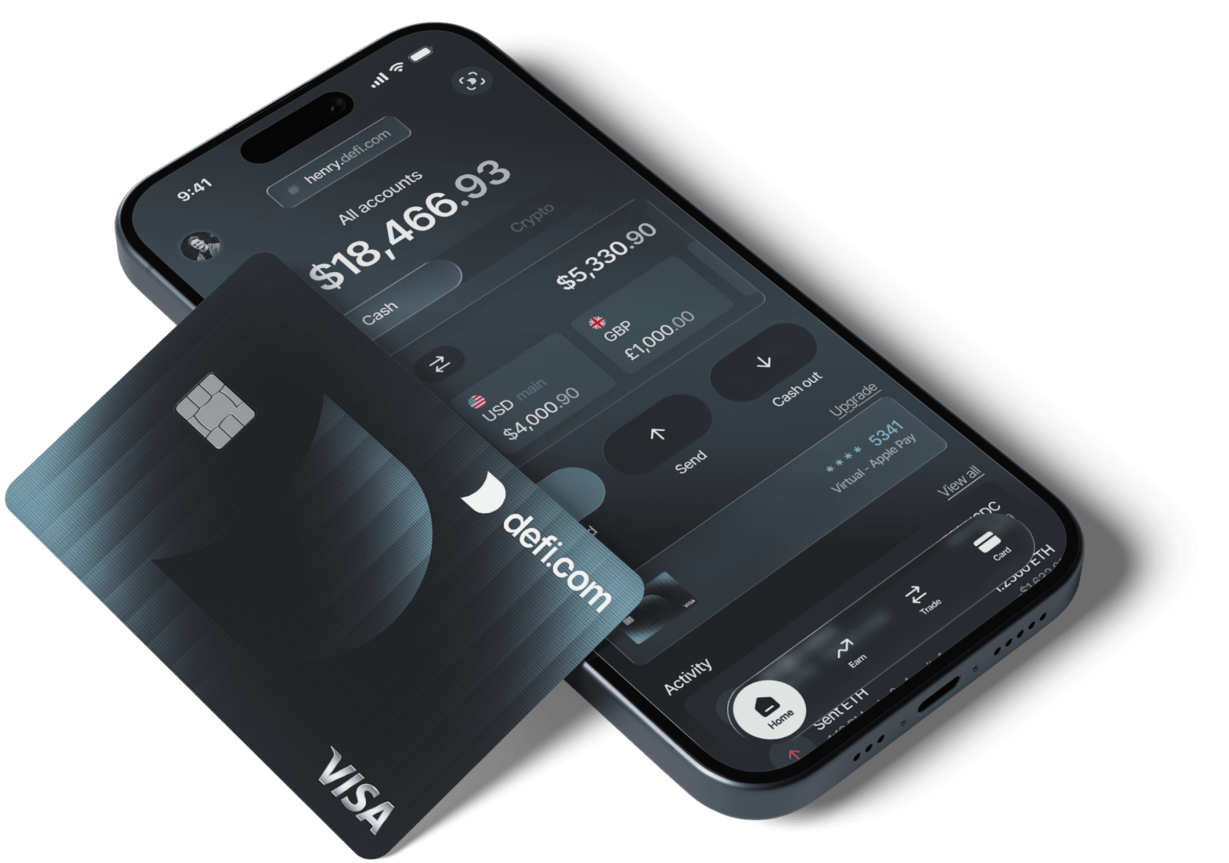 A defi.com Visa card over a phone displaying the cash dashboard