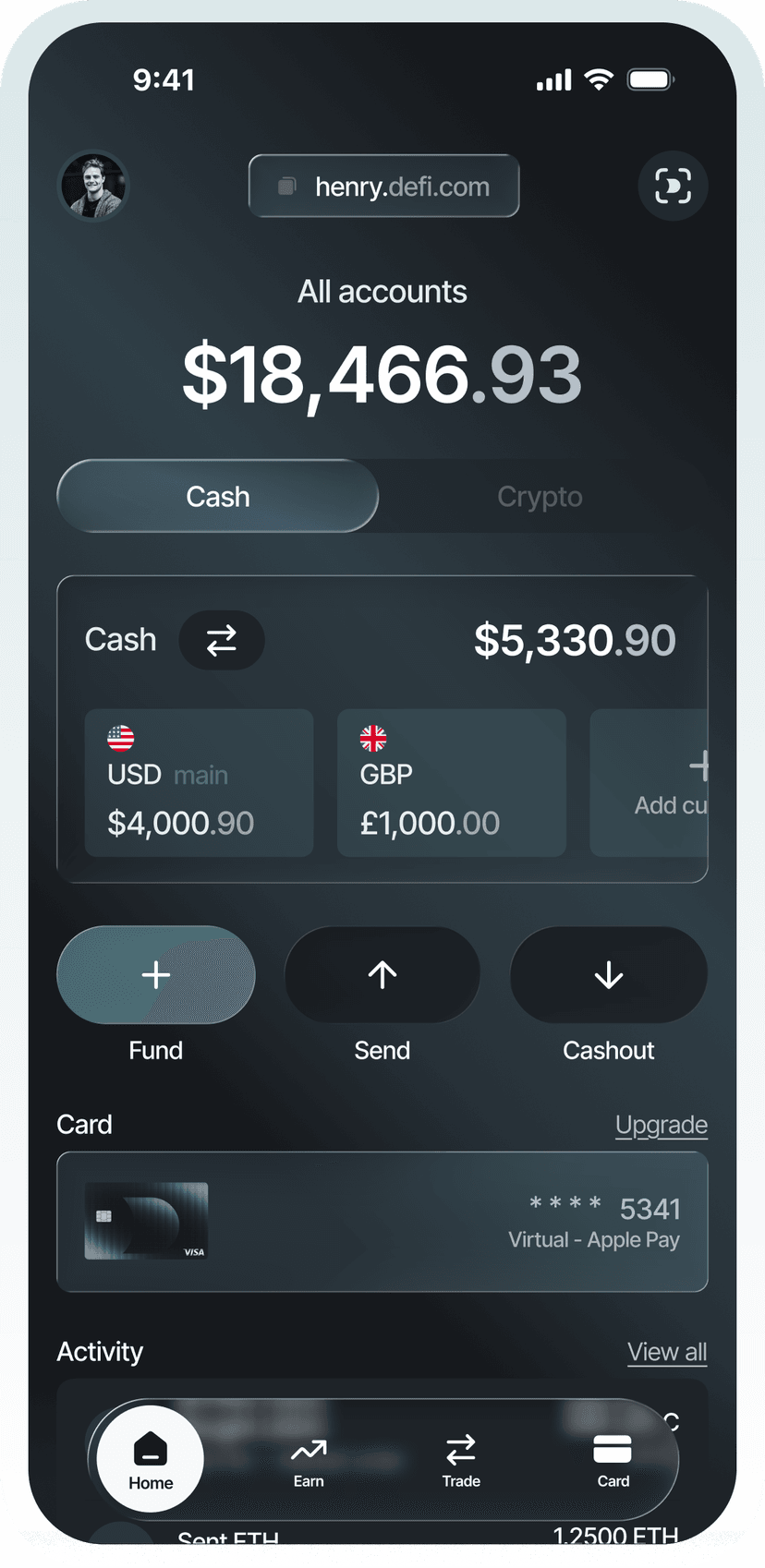 The defi.com app showing cash accounts and an account balance of $18,466.93